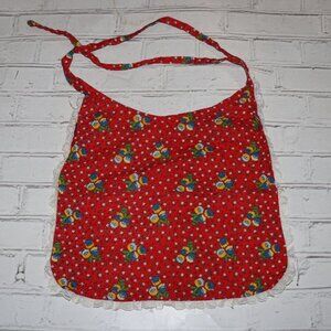 🌸 Vintage Red Floral Apron · 14.75" Tall · Lace Trim